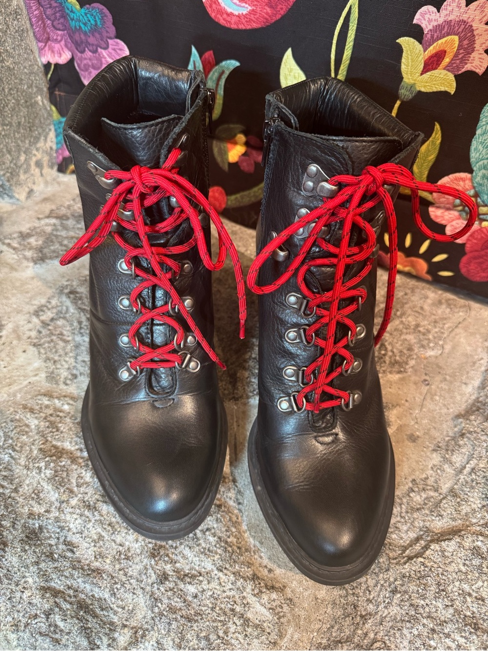 Women’s Black Leather Lucky Brand High-Heel Boots with Red Laces & Lug Soles
